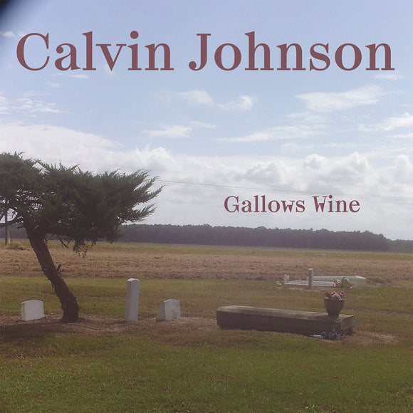 Gallows Wine by Calvin Johnson on K Records (the album artwork is a colour photograph of a small cemetery with half-a-dozen graves and a small tree; the artist name and album title are printed in brown serif text over the blue and white sky )