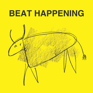 Crashing Through EP by Beat Happening on Optic Nerve Records (the sleeve features a simple illustration of an cow-like animal on a yellow background; above the illustration is the band name in sans-serif font).