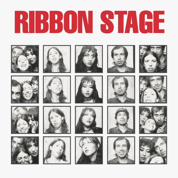 Hit With The Most by Ribbon Stage on K Records (the album artwork features a grid of 20 black and white photobooth photos of the three members of the band on a white background; the band name is prinnted in bold sans-serif red text across the top of the sleeve)