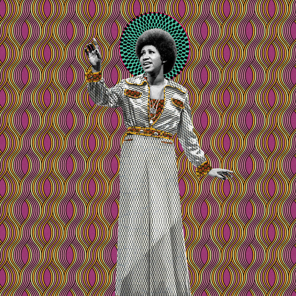 ARETHA by Aretha Franklin on Rhino Records (the album artwork by Makeba KEEBS Rainey features a black and white photograph of Aretha Franklin by Neal Preston against a purple and orange Seventies-style pattern)