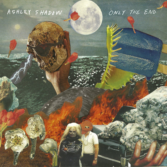 Only The End by Ashley Shadow on Felte Records (the album artwork is a colourful collage of images including hands and a skull against a moonlit ocean; the artist name and album title are hand-written across the top of the sleeve on either side of the moon)