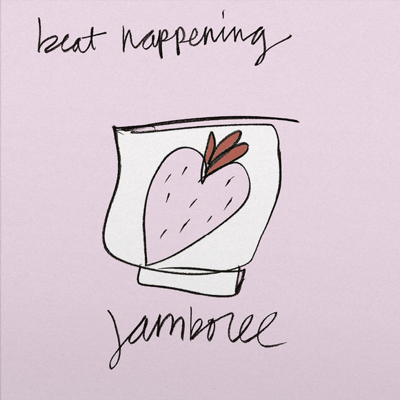 Jamboree by Beat Happening on Domino Records (the album artwork features a simple drawing of a strawberry on a pastel pink solid background; the band name and album title are hand-written in cursive at the top-centre and bottom centre of the sleeve)