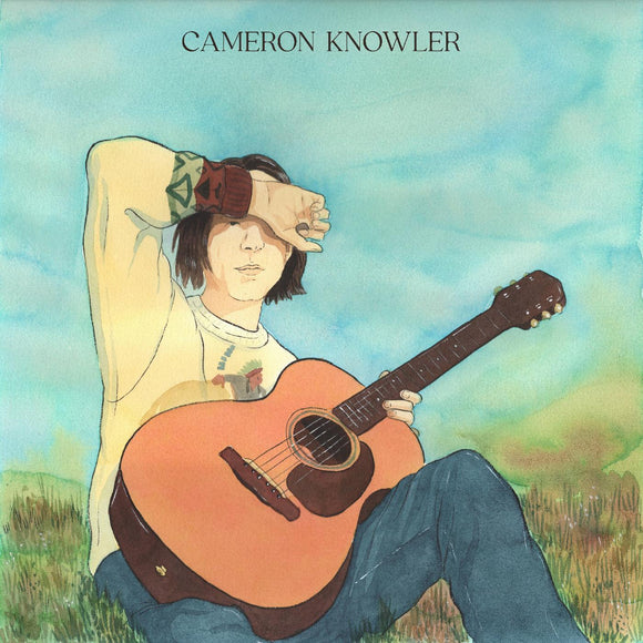 Places Of Cosequence by Cameron Knowler on American Dreams Records (the album cover features a colour illustration of Knowler sat in grass holding an acoustic guitar with an arm raised to shield their eyes; the artist name is printed in light serif uppercase text at the top of the sleeve, against the blue sky; the album title does not appear on the front cover)