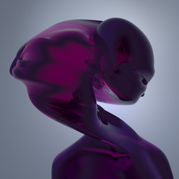 Reflection by Loraine James on Hyperdub Records (the album cover is an image of a purple digital-looking abstract liquid sculpture resembling a human head and torso, but also not at all; the background is light grey and there is no text or information on the front of the cover)