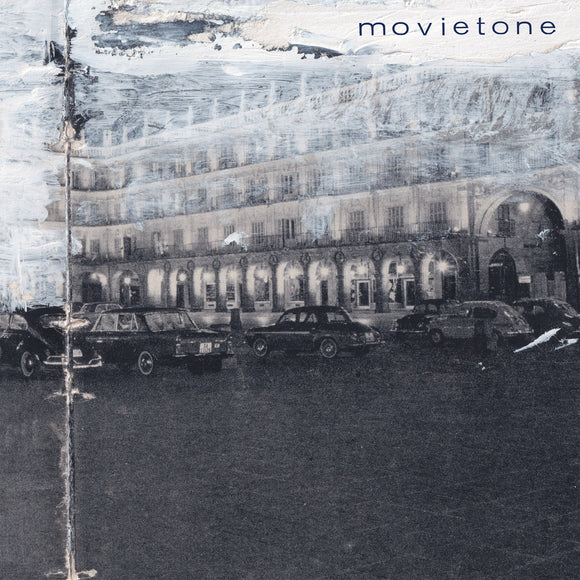 Movietone's self-titled debut album on World of Echo Records (the album artwork is an old black and white photograph of cars in front of a building; the photograph has been partially painted over with white paint, and the artist name is printed in black lowercase sans-serif text at the top right)