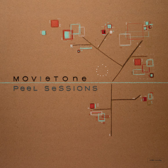 LP edition of Peel Sessions 1994-1997 by Movietone on Textile Records (the album artwork is an abstract geometric illustration of a blossom tree by Kate Wright on a brown background; the band name and album title are made up of cut-out sans-serif letters and are placed above and below a central blue line that runs across the centre of the sleeve)